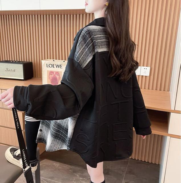 エンボス加工 起毛素材チェック柄切り替え 前開き シャツトップス ブラック 大きいサイズ < 女性ファッション エンボス加工 起毛素材チェック柄切り替え 前開き シャツトップス ブラック 大きいサイズ < 女性ファッションの