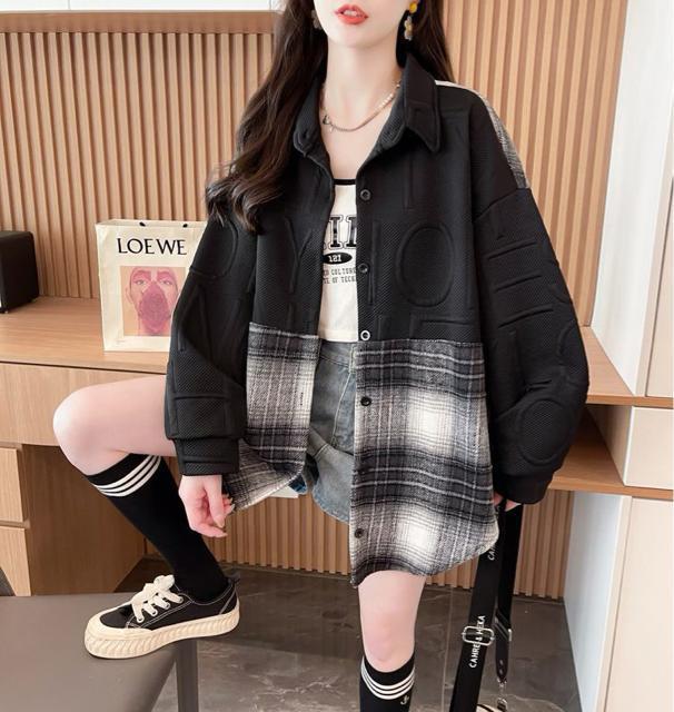 エンボス加工 起毛素材チェック柄切り替え 前開き シャツトップス ブラック 大きいサイズ < 女性ファッション エンボス加工 起毛素材チェック柄切り替え 前開き シャツトップス ブラック 大きいサイズ < 女性ファッションの