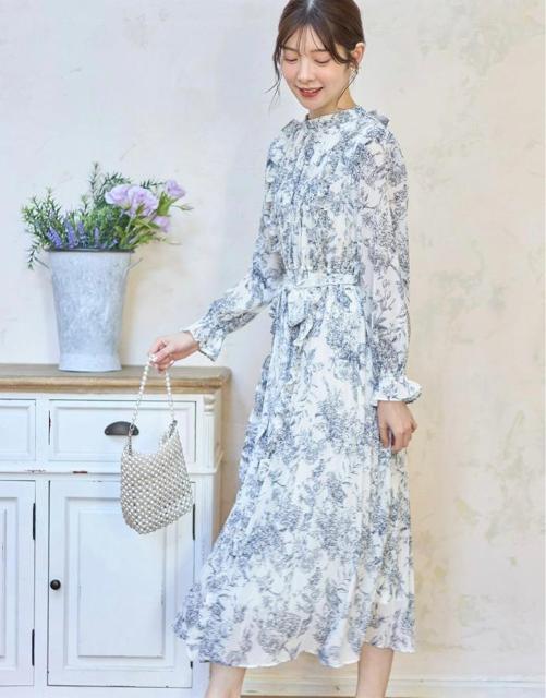 toccoclosetトワルドジュイフリルブルー白青りぼん付きサイドフリル装飾クラシカルアートプリントプリーツワンピースネイビー < 女性ファッション toccoclosetトワルドジュイフリルブルー白青りぼん付きサイドフリル装飾クラシカルアートプリントプリーツワンピースネイビー < 女性ファッションの
