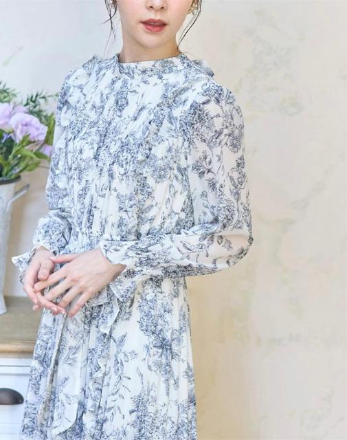 toccoclosetトワルドジュイフリルブルー白青りぼん付きサイドフリル装飾クラシカルアートプリントプリーツワンピースネイビー < 女性ファッション toccoclosetトワルドジュイフリルブルー白青りぼん付きサイドフリル装飾クラシカルアートプリントプリーツワンピースネイビー < 女性ファッションの