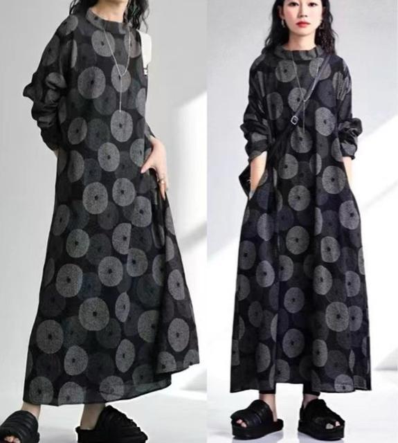 ロング丈 ワンピース ドット模様 長袖 ダークグレー 大きいサイズ < 女性ファッション ロング丈 ワンピース ドット模様 長袖 ダークグレー 大きいサイズ < 女性ファッションの