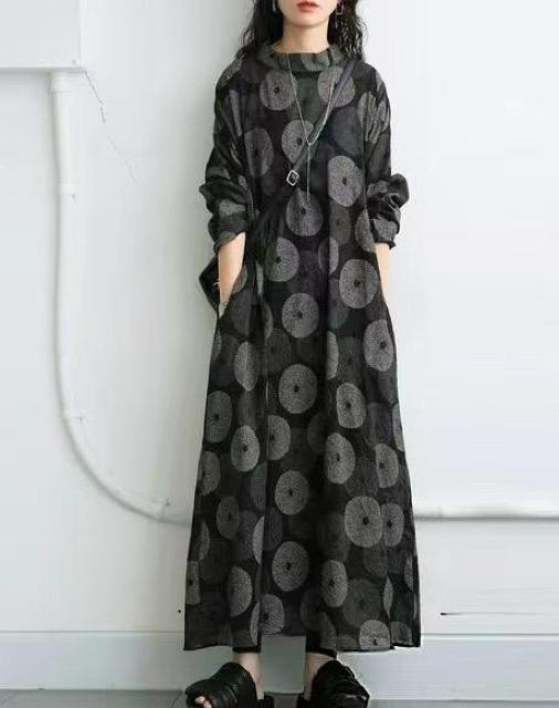 ロング丈 ワンピース ドット模様 長袖 ダークグレー 大きいサイズ < 女性ファッション ロング丈 ワンピース ドット模様 長袖 ダークグレー 大きいサイズ < 女性ファッションの