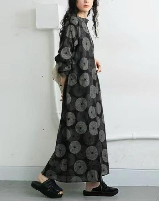 ロング丈 ワンピース ドット模様 長袖 ダークグレー 大きいサイズ < 女性ファッション ロング丈 ワンピース ドット模様 長袖 ダークグレー 大きいサイズ < 女性ファッションの