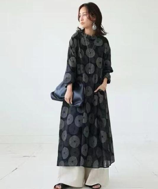 ロング丈 ワンピース ドット模様 長袖 ダークグレー 大きいサイズ < 女性ファッション ロング丈 ワンピース ドット模様 長袖 ダークグレー 大きいサイズ < 女性ファッションの