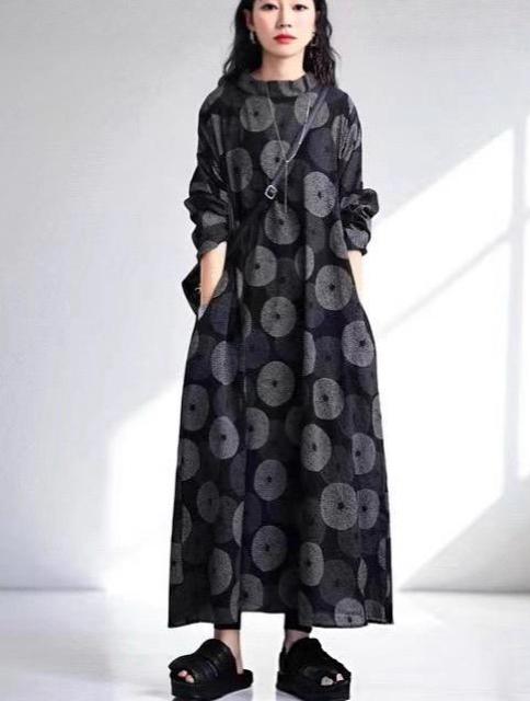 ロング丈 ワンピース ドット模様 長袖 ダークグレー 大きいサイズ < 女性ファッション ロング丈 ワンピース ドット模様 長袖 ダークグレー 大きいサイズ < 女性ファッションの