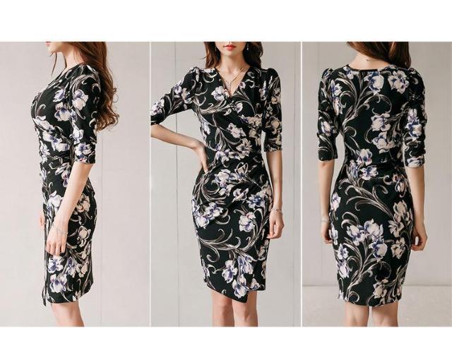 セクシーカシュクール 花柄 膝丈 ワンピース 韓国ファッション きれいめスタイル タイトミニ ドレス 大人 上品 きれい 3サイズ < 女性ファッション  セクシーカシュクール 花柄 膝丈 ワンピース 韓国ファッション きれいめスタイル タイトミニ ドレス 大人 上品 きれい 3サイズ < 女性ファッションの