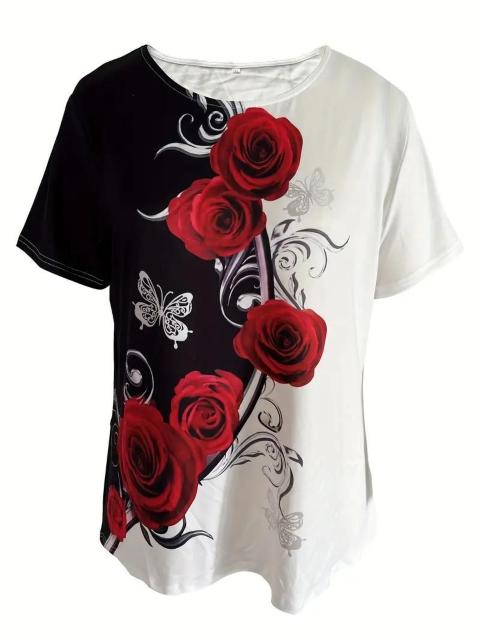 爆ヤス価格1090円★Rose Print Color  Tシャツ、クルーネック半袖Tシャツ USAサイズ S(日本サイズL相当) < 女性ファッション  爆ヤス価格1090円★Rose Print Color  Tシャツ、クルーネック半袖Tシャツ USAサイズ S(日本サイズL相当) < 女性ファッションの