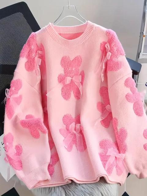 爆ヤス価格1890円★レディース オーバーサイズ Hライン ミドル丈セーター - ピンク&ホワイト ハート&リボン柄 フリー < 女性ファッション  爆ヤス価格1890円★レディース オーバーサイズ Hライン ミドル丈セーター - ピンク&ホワイト ハート&リボン柄 フリー < 女性ファッションの