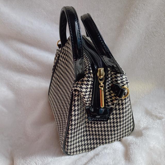QUARTER 2way 千鳥柄 がま口 ミニ ボストン ハンドバッグ ショルダーバッグ N2m < 女性ファッション  QUARTER 2way 千鳥柄 がま口 ミニ ボストン ハンドバッグ ショルダーバッグ N2m < 女性ファッションの
