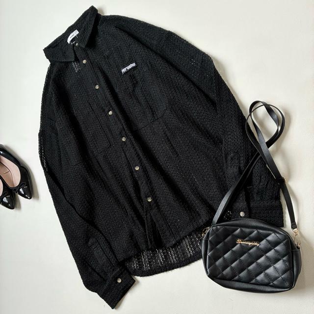 ◆新品◆ペルーシュ◆メッシュニットシャツ◆オーバーサイズ◆黒ブラック◆L◆大きめ < 女性ファッション  ◆新品◆ペルーシュ◆メッシュニットシャツ◆オーバーサイズ◆黒ブラック◆L◆大きめ < 女性ファッションの