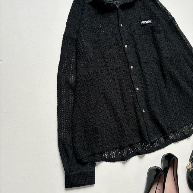 ◆新品◆ペルーシュ◆メッシュニットシャツ◆オーバーサイズ◆黒ブラック◆L◆大きめ < 女性ファッション  ◆新品◆ペルーシュ◆メッシュニットシャツ◆オーバーサイズ◆黒ブラック◆L◆大きめ < 女性ファッションの