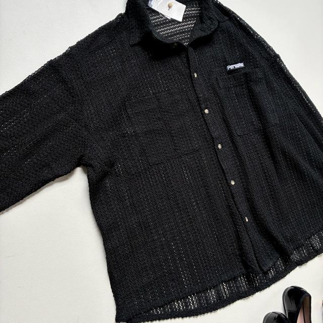◆新品◆ペルーシュ◆メッシュニットシャツ◆オーバーサイズ◆黒ブラック◆L◆大きめ < 女性ファッション  ◆新品◆ペルーシュ◆メッシュニットシャツ◆オーバーサイズ◆黒ブラック◆L◆大きめ < 女性ファッションの