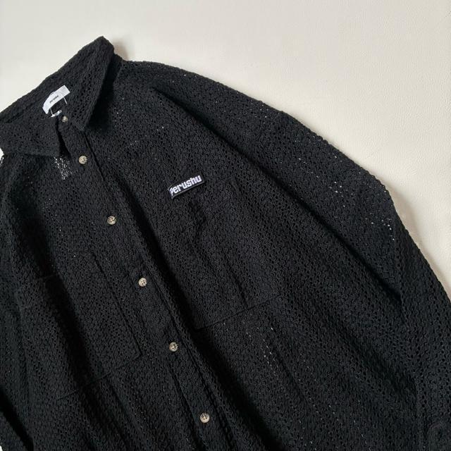 ◆新品◆ペルーシュ◆メッシュニットシャツ◆オーバーサイズ◆黒ブラック◆L◆大きめ < 女性ファッション  ◆新品◆ペルーシュ◆メッシュニットシャツ◆オーバーサイズ◆黒ブラック◆L◆大きめ < 女性ファッションの
