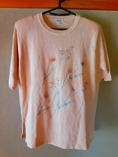 ニット カットソー プルオーバー Montafon Tシャツ トップス 五分袖 シャツ M ベージュ 花 レディース 洋服 < 女性ファッション  ニット カットソー プルオーバー Montafon Tシャツ トップス 五分袖 シャツ M ベージュ 花 レディース 洋服  < 女性ファッションの