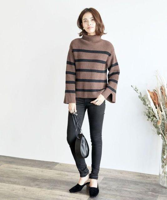 肉厚で高級感●BASEMENTベースメント ベースインターナショナル●ボーダータートルネック●白●Fフリー●ルーズシルエット < 女性ファッション  肉厚で高級感●BASEMENTベースメント ベースインターナショナル●ボーダータートルネック●白●Fフリー●ルーズシルエット < 女性ファッションの