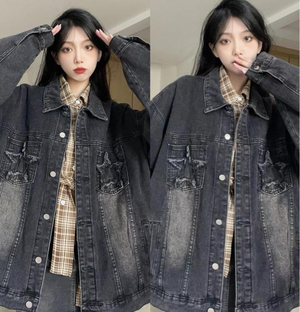 デニム ジャケット 前開き 星柄ポケット ブラック 大きいサイズ < 女性ファッション デニム ジャケット 前開き 星柄ポケット ブラック 大きいサイズ < 女性ファッションの