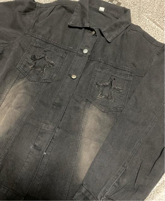 デニム ジャケット 前開き 星柄ポケット ブラック 大きいサイズ < 女性ファッション デニム ジャケット 前開き 星柄ポケット ブラック 大きいサイズ < 女性ファッションの