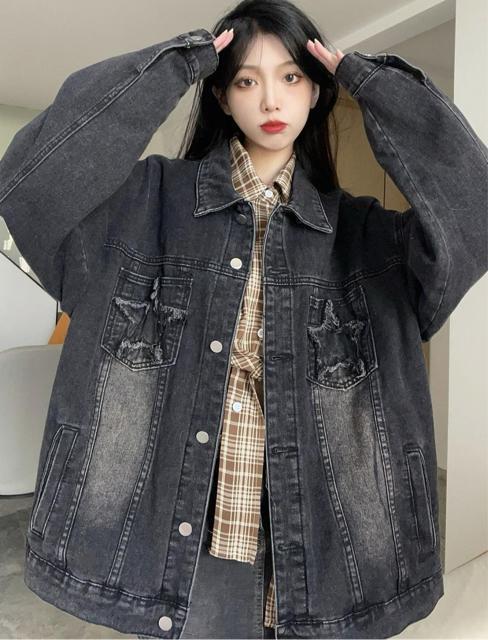 デニム ジャケット 前開き 星柄ポケット ブラック 大きいサイズ < 女性ファッション デニム ジャケット 前開き 星柄ポケット ブラック 大きいサイズ < 女性ファッションの