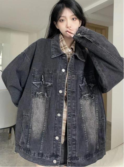 デニム ジャケット 前開き 星柄ポケット ブラック 大きいサイズ < 女性ファッション デニム ジャケット 前開き 星柄ポケット ブラック 大きいサイズ < 女性ファッションの