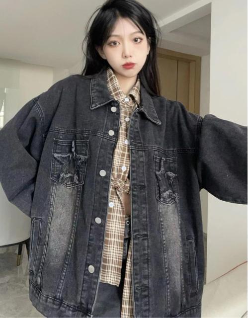 デニム ジャケット 前開き 星柄ポケット ブラック 大きいサイズ < 女性ファッション デニム ジャケット 前開き 星柄ポケット ブラック 大きいサイズ < 女性ファッションの