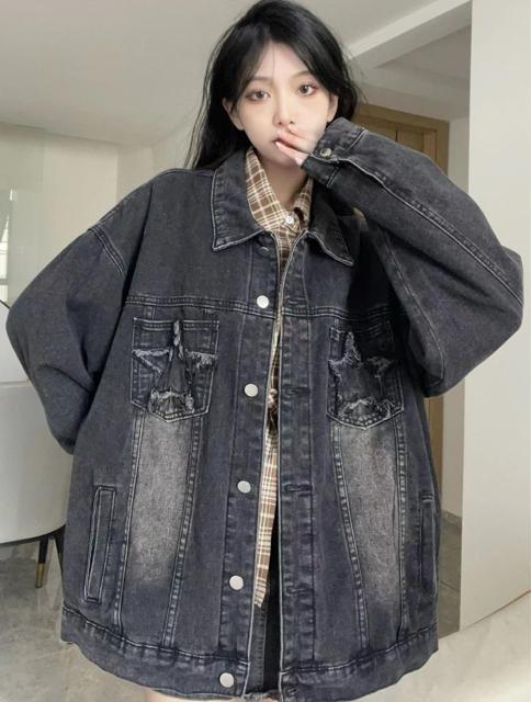 デニム ジャケット 前開き 星柄ポケット ブラック 大きいサイズ < 女性ファッション デニム ジャケット 前開き 星柄ポケット ブラック 大きいサイズ < 女性ファッションの