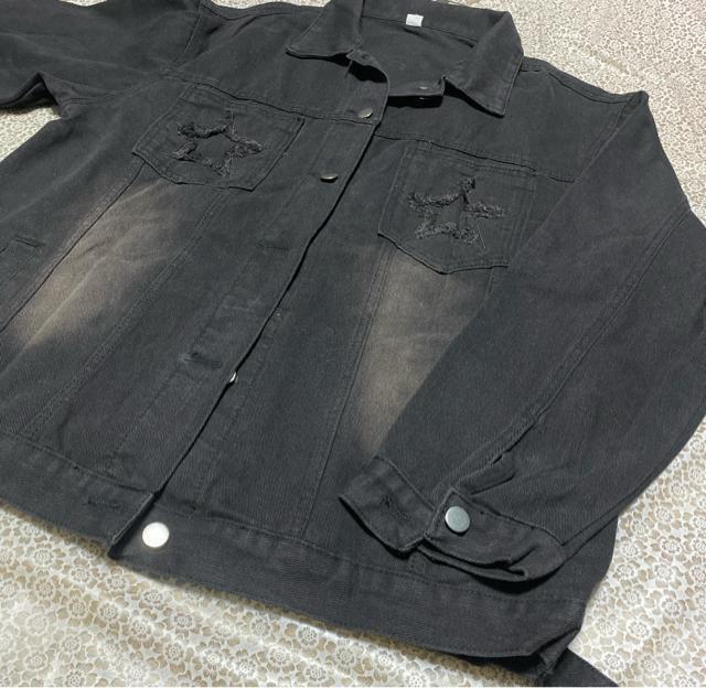 デニム ジャケット 前開き 星柄ポケット ブラック 大きいサイズ < 女性ファッション デニム ジャケット 前開き 星柄ポケット ブラック 大きいサイズ < 女性ファッションの