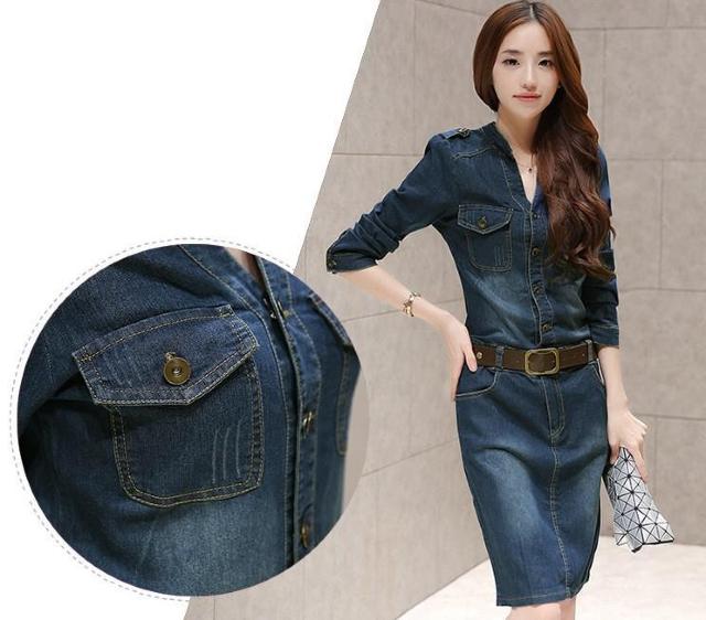 デニム デニムワンピ 膝丈ワンピ  ワンピース レディース デニム ひざ丈 長袖 デニムワンピース スリム 美ライン Lサイズ < 女性ファッション  デニム デニムワンピ 膝丈ワンピ  ワンピース レディース デニム ひざ丈 長袖 デニムワンピース スリム 美ライン Lサイズ < 女性ファッションの