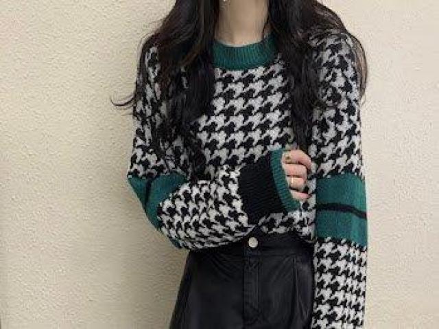 レトロ 千鳥チェック ニットセーター ブラック < 女性ファッション レトロ 千鳥チェック ニットセーター ブラック < 女性ファッションの