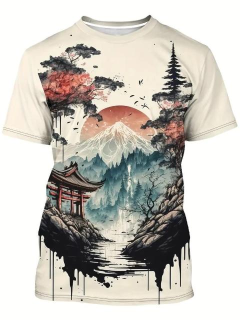 超お買い得1090円★レトロな絵画スタイルの森と山の柄のクルーネックと半袖TシャツTシャツ、USAサイズS(日本サイズL相当) < 男性ファッション  超お買い得1090円★レトロな絵画スタイルの森と山の柄のクルーネックと半袖TシャツTシャツ、USAサイズS(日本サイズL相当)  < 男性ファッションの