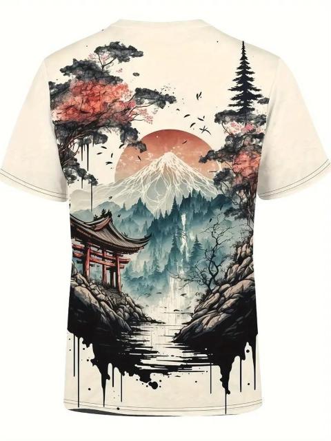 超お買い得1090円★レトロな絵画スタイルの森と山の柄のクルーネックと半袖TシャツTシャツ、USAサイズS(日本サイズL相当) < 男性ファッション  超お買い得1090円★レトロな絵画スタイルの森と山の柄のクルーネックと半袖TシャツTシャツ、USAサイズS(日本サイズL相当) < 男性ファッションの
