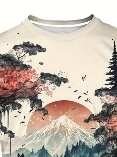 超お買い得1090円★レトロな絵画スタイルの森と山の柄のクルーネックと半袖TシャツTシャツ、USAサイズS(日本サイズL相当) < 男性ファッション  超お買い得1090円★レトロな絵画スタイルの森と山の柄のクルーネックと半袖TシャツTシャツ、USAサイズS(日本サイズL相当) < 男性ファッションの