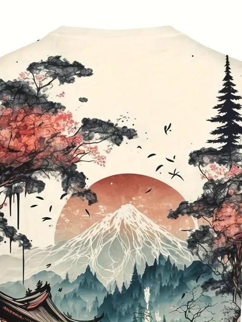 超お買い得1090円★レトロな絵画スタイルの森と山の柄のクルーネックと半袖TシャツTシャツ、USAサイズS(日本サイズL相当) < 男性ファッション  超お買い得1090円★レトロな絵画スタイルの森と山の柄のクルーネックと半袖TシャツTシャツ、USAサイズS(日本サイズL相当) < 男性ファッションの
