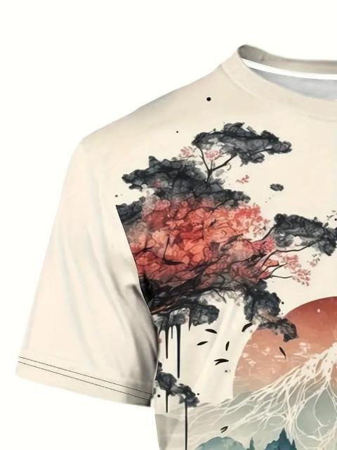 超お買い得1090円★レトロな絵画スタイルの森と山の柄のクルーネックと半袖TシャツTシャツ、USAサイズS(日本サイズL相当) < 男性ファッション  超お買い得1090円★レトロな絵画スタイルの森と山の柄のクルーネックと半袖TシャツTシャツ、USAサイズS(日本サイズL相当) < 男性ファッションの