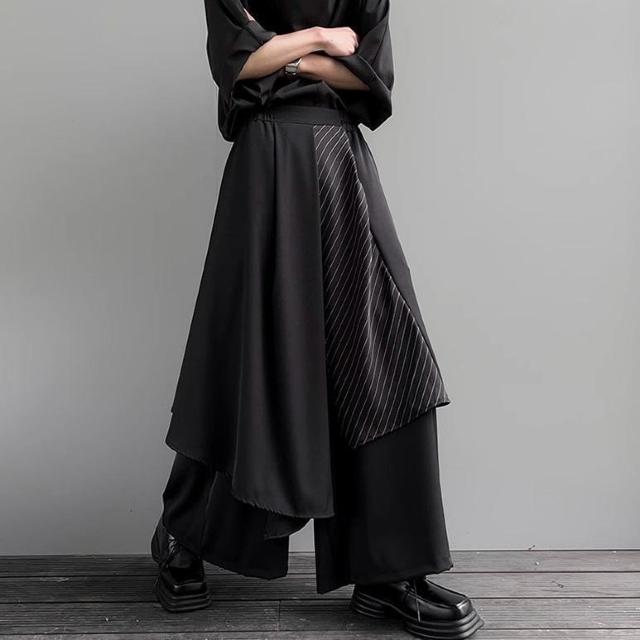 〜3L4L5L*重ね着風ストライプアシンメトリー袴パンツ*黒 < 女性ファッション 〜3L4L5L*重ね着風ストライプアシンメトリー袴パンツ*黒 < 女性ファッションの