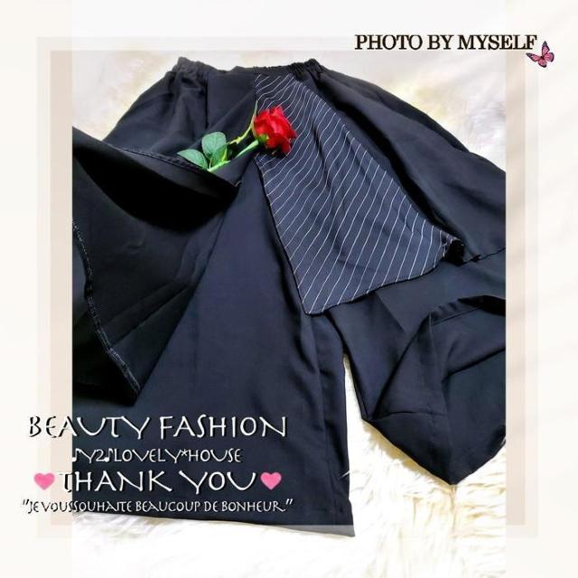 〜3L4L5L*重ね着風ストライプアシンメトリー袴パンツ*黒 < 女性ファッション 〜3L4L5L*重ね着風ストライプアシンメトリー袴パンツ*黒 < 女性ファッションの