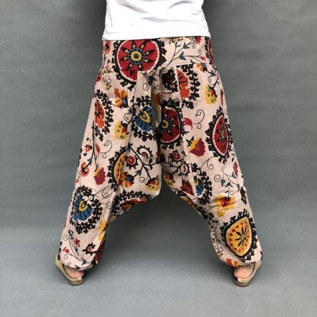 新品 サルエルパンツリネン 麻 花柄 アジアン エスニック柄 裾ゴム < 男性ファッション  新品 サルエルパンツリネン 麻 花柄 アジアン エスニック柄 裾ゴム < 男性ファッションの