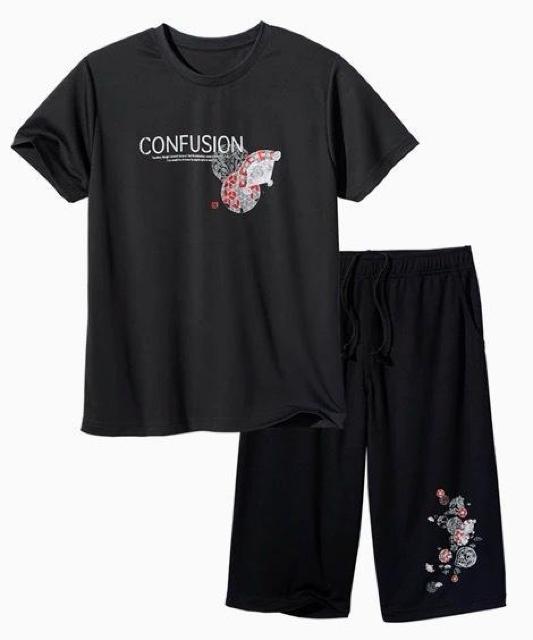 Lサイズ!高貴紳士的!男気溢れる!和柄!吸汗速乾!半袖Tシャツandハーフパンツ上下セット!チャコール+黒色!系色合い新品! < 男性ファッション  Lサイズ!高貴紳士的!男気溢れる!和柄!吸汗速乾!半袖Tシャツandハーフパンツ上下セット!チャコール+黒色!系色合い新品! < 男性ファッションの