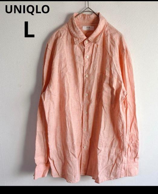 ユニクロ リネン(麻)100% 長袖シャツ L ピンク系 < 男性ファッション  ユニクロ リネン(麻)100% 長袖シャツ L ピンク系  < 男性ファッションの