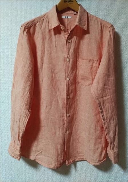 ユニクロ リネン(麻)100% 長袖シャツ L ピンク系 < 男性ファッション  ユニクロ リネン(麻)100% 長袖シャツ L ピンク系 < 男性ファッションの