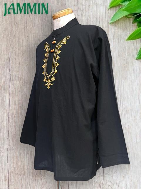 刺繍入りクルタ 黒 ヒッピー エスニック アジアン 個性派 < 男性ファッション 刺繍入りクルタ 黒 ヒッピー エスニック アジアン 個性派 < 男性ファッションの