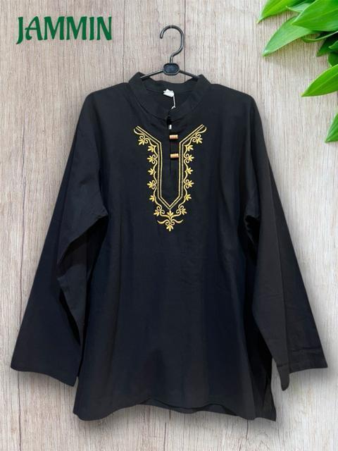 刺繍入りクルタ 黒 ヒッピー エスニック アジアン 個性派 < 男性ファッション 刺繍入りクルタ 黒 ヒッピー エスニック アジアン 個性派 < 男性ファッションの