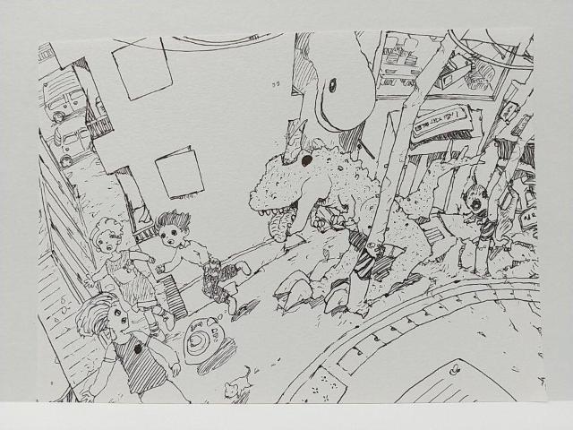オリジナルイラスト 手描きイラスト 町 恐竜 ハンドメイド インテリア 絵 モノクロ 原画 アナログ illustration < アニメ/コミック/キャラクター  オリジナルイラスト 手描きイラスト 町 恐竜 ハンドメイド インテリア 絵 モノクロ 原画 アナログ illustration  < アニメ/コミック/キャラクターの