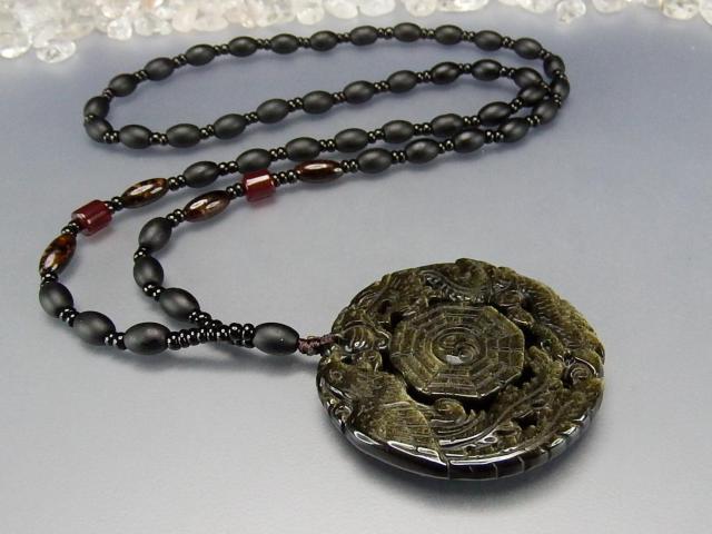 ゴールドオブシディアン龍鳳呈祥八卦彫り天然石ペンダントネックレス < 男性アクセサリー/時計  ゴールドオブシディアン龍鳳呈祥八卦彫り天然石ペンダントネックレス < 男性アクセサリー/時計の