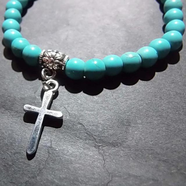 十字架 クロスモチーフ 天然石 ターコイズブルー ビーズ ブレスレット 数珠 < 男性アクセサリー/時計  十字架 クロスモチーフ 天然石 ターコイズブルー ビーズ ブレスレット 数珠 < 男性アクセサリー/時計の