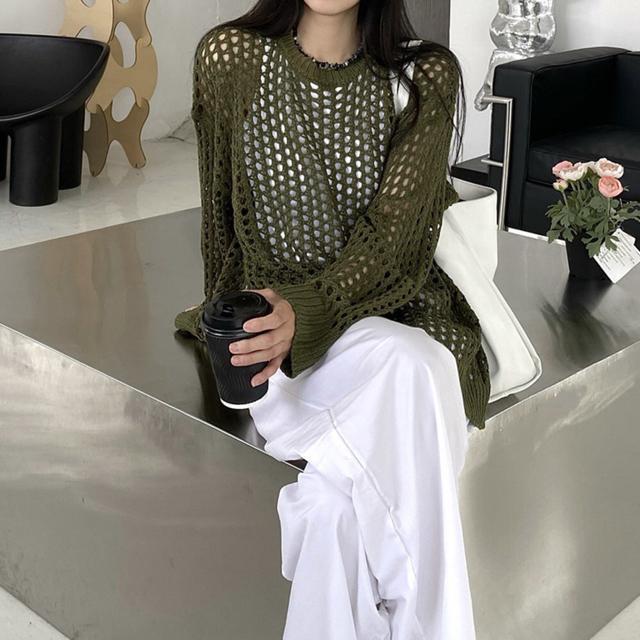 送料無料 新品 メッシュニット 透かし編みトップス 長袖 < 女性ファッション  送料無料 新品 メッシュニット 透かし編みトップス 長袖 < 女性ファッションの
