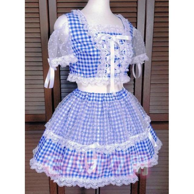 アイドル衣装 ギンガムチェック 青色×白 水玉 編み上げリボン ハンドメイド オリジナル コスプレ衣装 コンカフェ 地下アイドル < 女性ファッション アイドル衣装 ギンガムチェック 青色×白 水玉 編み上げリボン ハンドメイド オリジナル コスプレ衣装 コンカフェ 地下アイドル < 女性ファッションの
