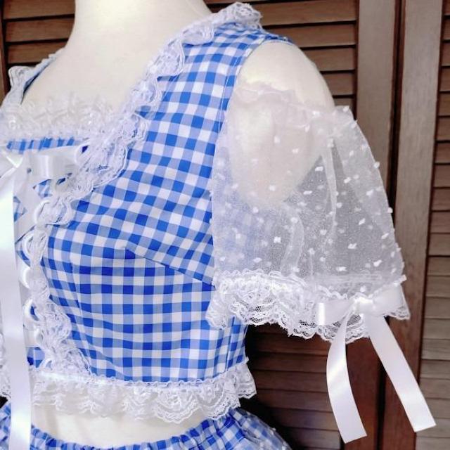 アイドル衣装 ギンガムチェック 青色×白 水玉 編み上げリボン ハンドメイド オリジナル コスプレ衣装 コンカフェ 地下アイドル < 女性ファッション アイドル衣装 ギンガムチェック 青色×白 水玉 編み上げリボン ハンドメイド オリジナル コスプレ衣装 コンカフェ 地下アイドル < 女性ファッションの