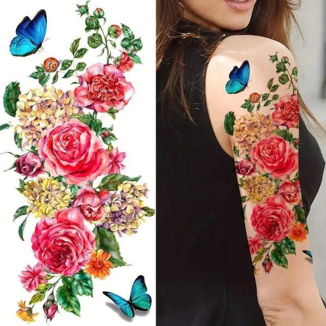 爆ヤス価格490円★リアルな花と蝶の仮のタトゥーステッカー、防水で長持ち、薔薇と牡丹の袖デカール、長方形の形状 < 女性ファッション  爆ヤス価格490円★リアルな花と蝶の仮のタトゥーステッカー、防水で長持ち、薔薇と牡丹の袖デカール、長方形の形状 < 女性ファッションの