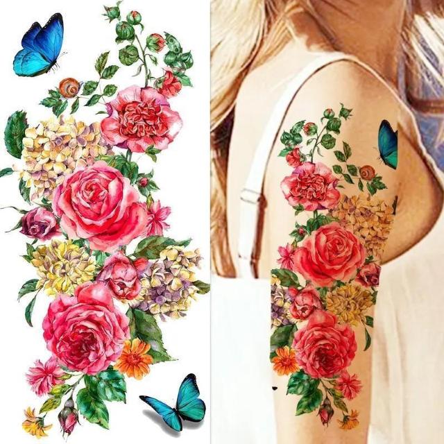 爆ヤス価格490円★リアルな花と蝶の仮のタトゥーステッカー、防水で長持ち、薔薇と牡丹の袖デカール、長方形の形状 < 女性ファッション  爆ヤス価格490円★リアルな花と蝶の仮のタトゥーステッカー、防水で長持ち、薔薇と牡丹の袖デカール、長方形の形状 < 女性ファッションの