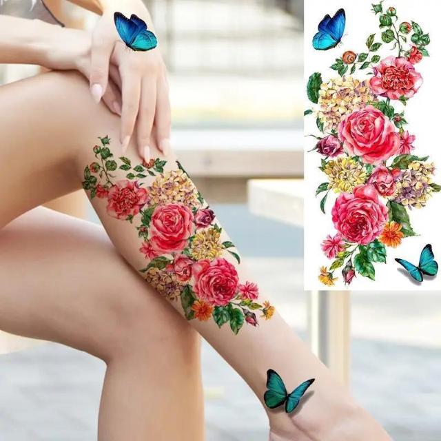 爆ヤス価格490円★リアルな花と蝶の仮のタトゥーステッカー、防水で長持ち、薔薇と牡丹の袖デカール、長方形の形状 < 女性ファッション  爆ヤス価格490円★リアルな花と蝶の仮のタトゥーステッカー、防水で長持ち、薔薇と牡丹の袖デカール、長方形の形状 < 女性ファッションの